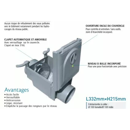 Clapet à battant visitable pour tuyau pvc 100 mm