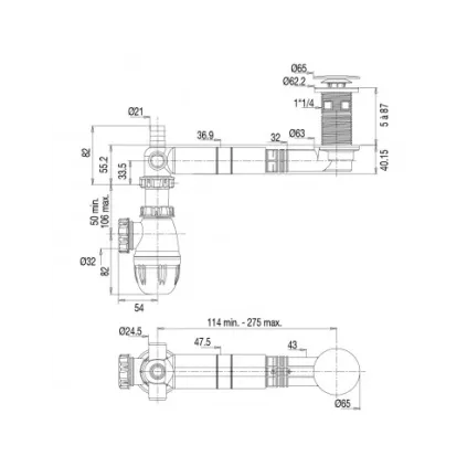 Ensemble bonde de lavabo avec tubulure extra-plate TBXP Clapet inox