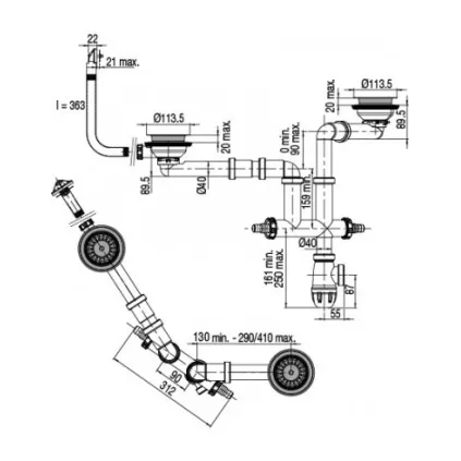 Ensemble complet Elipso pour évier 2 cuves D. 90 mm avec trop plein