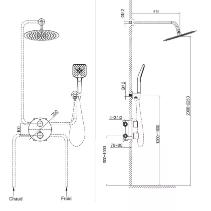 Kit Douche Thermostatique Encastré Rond DRAKAR 2 voies Nickel Brossé