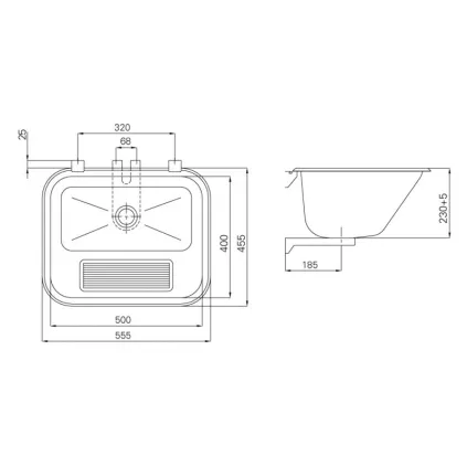Bac de lavage Inox à encastrer ou mural L555xH230xP455 mm