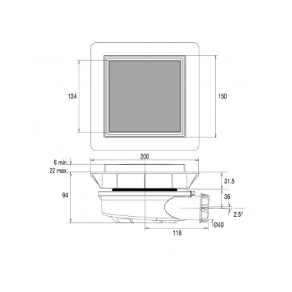 Bonde de sol avec cadre à carreler FLUSH à capot sortie Horizontale