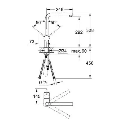 Mitigeur Evier Bec en L MINTA Mousseur Extractable Inox 32168000