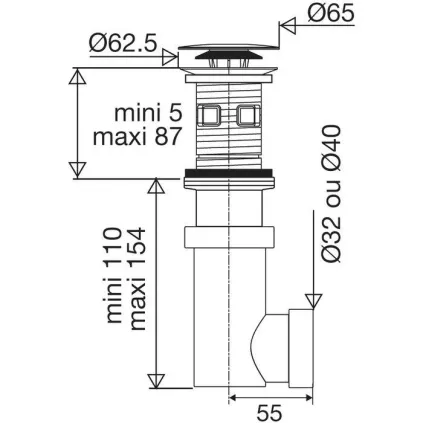 Bonde avec siphon intégré 32 ou 40 ABS Noir